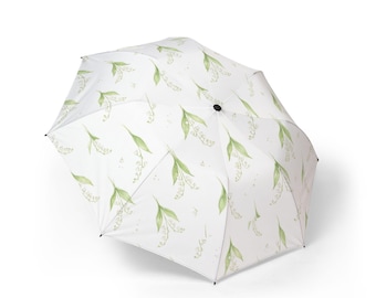 Green Lily Pattern Semi-Automatic Foldable Umbrella