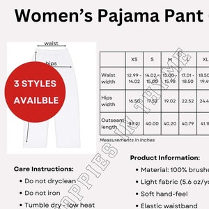 May include: White pajama pants with a size chart and care instructions. The pants have an elastic waistband and are made of 100% brushed polyester. The outseam length ranges from 39.21 to 42.01 inches.