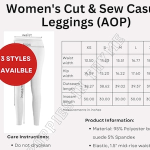 MWW On Demand Women&#39;s Cut and Sew Leggings AOP Info Card, Printify, All Over Print, Size Chart, Care Instructions & Product Information