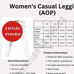 Miami Sublimation Women&#39;s Casual Leggings AOP Info Card, Printify, All Over Print, Size Chart, Care Instructions & Product Information