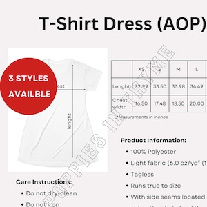 Vestido camiseta MWW On Demand AOP Info Card, Printify, impressão completa, tabela de tamanhos, instruções de cuidados e informações do produto