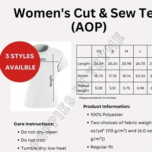MWW On Demand Women&#39;s and Cut Sew Tee AOP Info Card, Printify, All Over Print, Size Chart, Care Instructions & Product Information