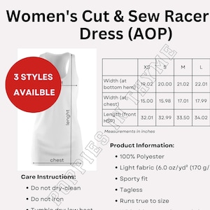 MWW On Demand Women&#39;s Cut Sew Racerback Dress AOP Info Card, Printify, All Over Print, Size Chart, Care Instructions & Product Information