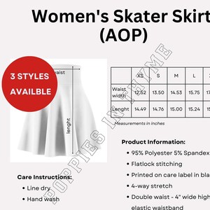 MWW On Demand Women&#39;s Skater Skirt AOP Info Card, Printify, All Over Print, Size Chart, Care Instructions & Product Information