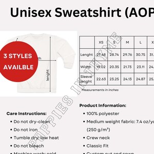 MWW On Demand Unisex Sweatshirt AOP Info Card, Printify, All Over Print, Size Chart, Care Instructions & Product Information