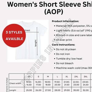 Miami Sublimation Women&#39;s Short Sleeve Shirt AOP Info Card, Printify, All Over Print, Size Chart, Care Instructions & Product Information