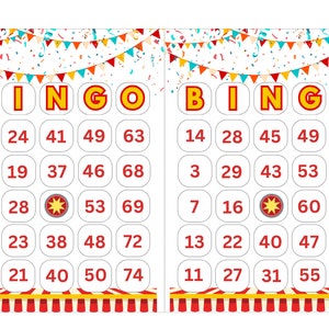 Bingo de circo de carnaval imprimible para cumpleaños de niños, descarga instantánea digital, juego de números para fiesta en el aula escolar