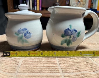 Signed Studio Pottery Creamer & Sugar Bowl – Hand‑Painted Blueberries