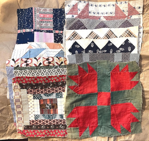 Individual Antique Cotton Quilting Squares, Colorful 1860s Civil War Era