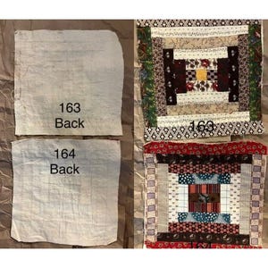 May include: Two quilted squares with the text "163 Back" and "164 Back" on a textured background. Two additional quilt squares are visible, one with a central square design in brown, tan, and yellow, and the other with a red and blue design. The text "163" is visible on one of the quilt squares.