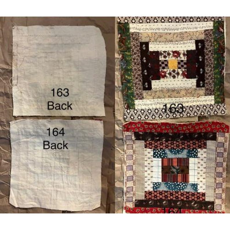 May include: Two quilted squares with the text "163 Back" and "164 Back" on a textured background. Two additional quilt squares are visible, one with a central square design in brown, tan, and yellow, and the other with a red and blue design. The text "163" is visible on one of the quilt squares.