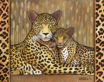 Fierce Mother - 9"x13" Fine Art Giclee Print - Leopard Mother and Cub