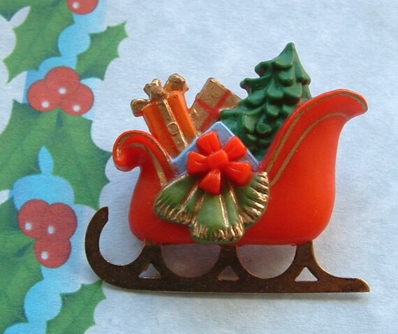 Rare HALLMARK Inc. 1980's Collector Book Piece Vintage Christmas Santa SLEIGH Pin SIGNED