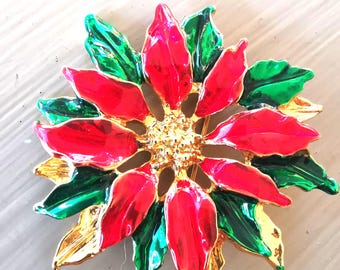 Rare SIGNED Gerry's 1970's Vintage Gold and Enamel Poinsettia Christmas Holiday Pin Brooch