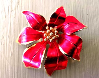 1970's Vintage Gold and Enamel Rhinestone Poinsettia Christmas Holiday Pin Brooch