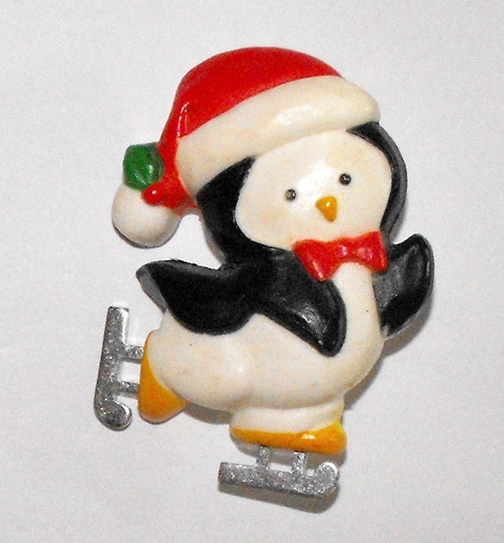 Rare HALLMARK Inc. 1983 Book Piece Vintage Christmas Skating PENGUIN Pin SIGNED