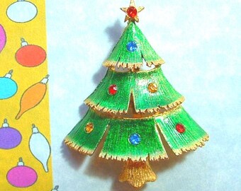 Rare SIGNED Vintage Collector BOOK Piece Christmas Tree Rhinestone Crystal Pin - JJ Signed