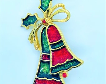 Vintage Signed BEATRIX Christmas Tree BELLs Painted Gold Plated Bow and Bells Pin