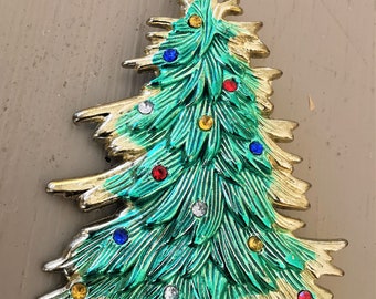 1960's RARE Vintage Enamel Christmas Tree Pin with Rhinestones and Star - Pin Pendant Brooch -Signed CC or JJ