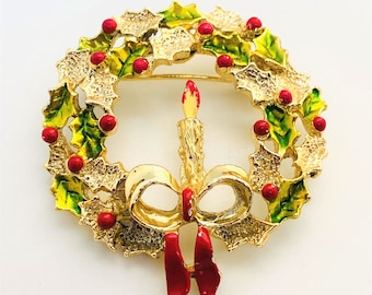 1960's Collector BOOK PIECE Vintage GERRY'S Christmas Wreath with Candle Pin Gerry's - Signed