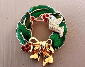 Vintage Signed MONET Peace Dove and Wreath Gold with  Swarovski Rhinestones Christmas Pin