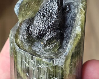 Frog on a log carved on green tourmaline from the Himalaya mine in California