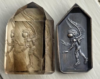 Angel astronaut reverse intaglio with matching imprinted sterling silver pendant made in 2018