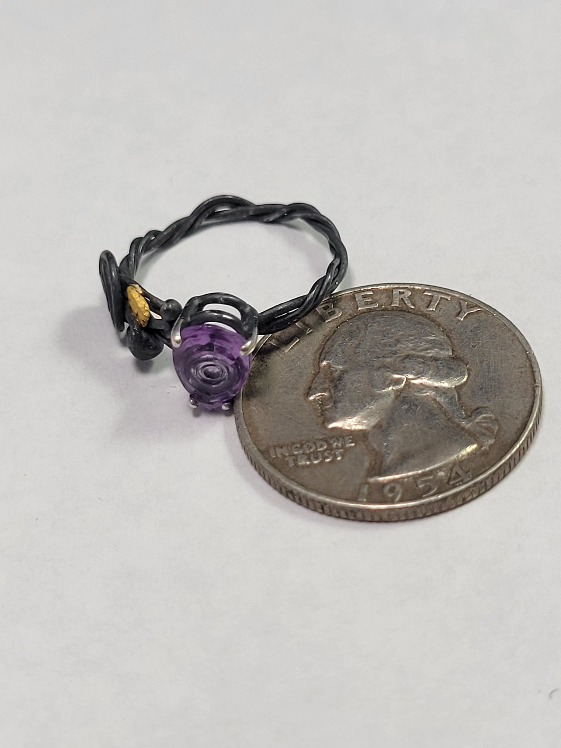 Carved amethyst ring set in Sterling Silver with a natural gold nugget