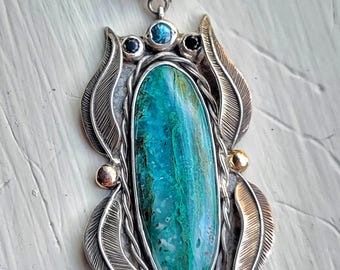 gem silica from Chile set in sterling silver with 14k gold, blue zircon and black spinel accents
