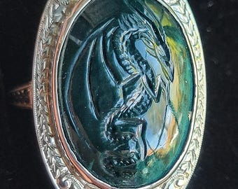 Hart mountain jasper from Oregon carved with an intaglio dragon set in 18k gold estate ring with accent diamonds