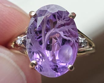 10k gold amethyst ring reverse intaglio tree carving size 7