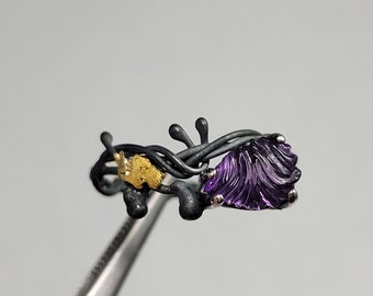 Carved amethyst ring set in Sterling Silver with a natural gold nugget