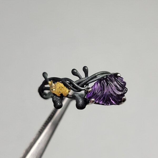 Carved amethyst ring set in Sterling Silver with a natural gold nugget