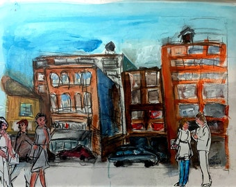 Chicago Street Scene - 18 X 24" Painting / Collage - Framed - FREE SHIPPING