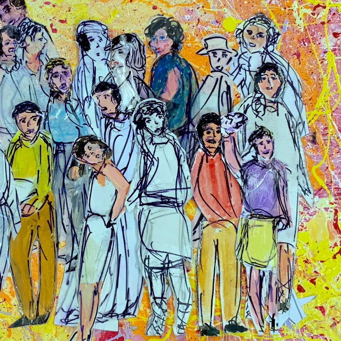 Faces in the Crowd Original Art 20 X 20 Acrylic Collage FREE SHIPPING