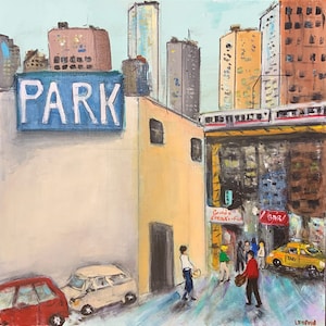 May include: An urban cityscape painting featuring a "PARK" sign, buildings, cars, and people. A train travels above a street with a bar and restaurant. The artwork has a light blue sky and a yellow taxi.