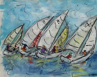 Boat Race - 16"X20" Original Painting - Framed - FREE SHIPPING