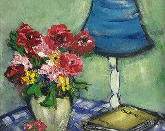 Still Life - Book, Lamp, & Flowers 12"X12" FRAMED original painting