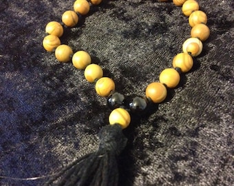 Picture Jasper or Fossil Jasper Stone Wood and Onyx Paternoster Prayer Beads with Handmade Tassel