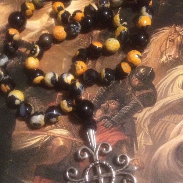 Orange and black Marbled Agate paternoster prayer beads