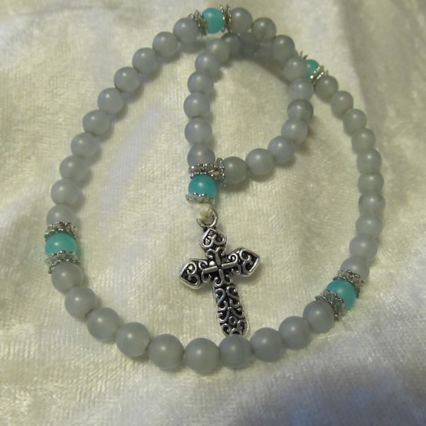 6mm blue frosted glass paternoster with cross prayer beads