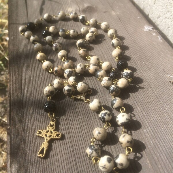 Dalmation jasper and bronze cross rosary paternoster prayer beads