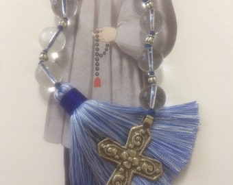 Quartz crystal chaplet with silver cross and blue tassel