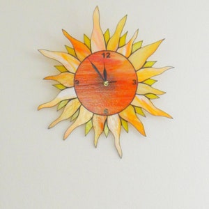 Sun Clock Sunny Large wall clock Stained glass Wall hanging Sunburst Handmade Wall decor Wall clock Glass art