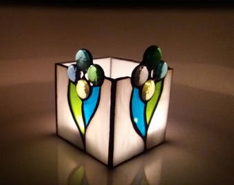 Sea glass art Stained glass Tea light holder Votive candle holder Nightlight Handmade lantern Blue Lemon