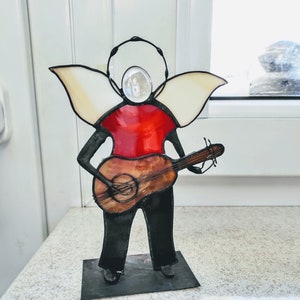 ギターを持ったステンドグラスの天使像、手作りの音楽アート - Etsy 日本
