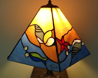 Summer lamp Stained glass lamp Bedside lamp Table lamp Desk lamp Sea Shell Waves Beach Fish 4 Panel lamp Handmade Sea glass art Ocean