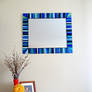 Large rectangular mirror for bathroom Blue entryway wall decoration Mosaic stained glass panel Personalized order