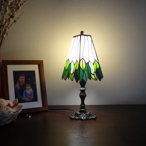 Leaves lamp Green lamp Stained glass lamp 4 Panels lamp Little bedside lamp Small desk lamp Handmade Custom Table lamp Art deco