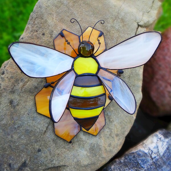 Handmade Stained Glass Bee Suncatcher, Honeycomb Window Decoration